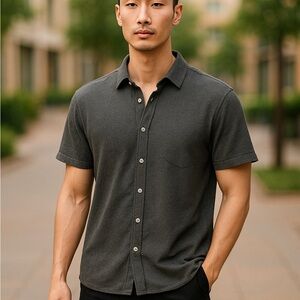 TED BAKER Men's Dark Gray Short Sleeve Button-Up Shirt